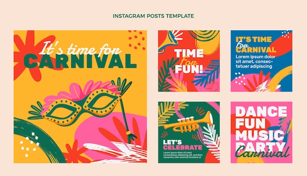 Vector hand drawn carnival instagram posts collection