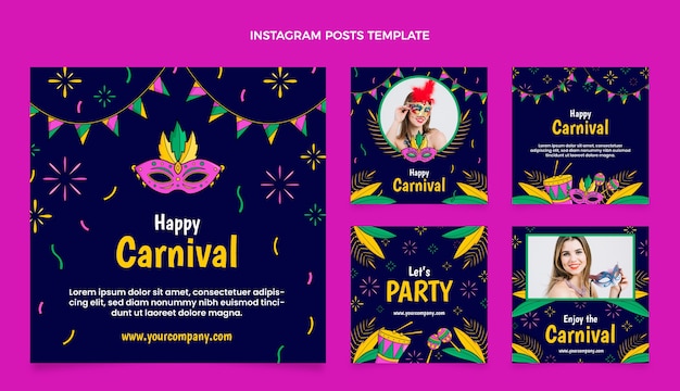 Collezione di post di instagram di carnevale disegnati a mano