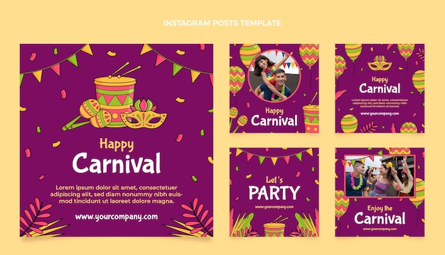 Vettore collezione di post di instagram di carnevale disegnati a mano