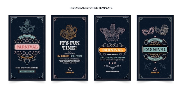 Vector hand drawn carnival instagram stories collection