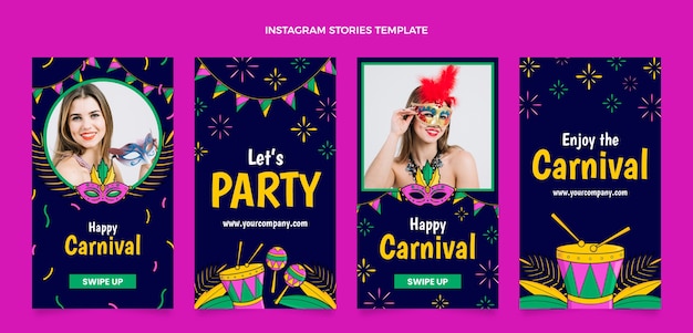 Vettore collezione di storie di instagram di carnevale disegnate a mano