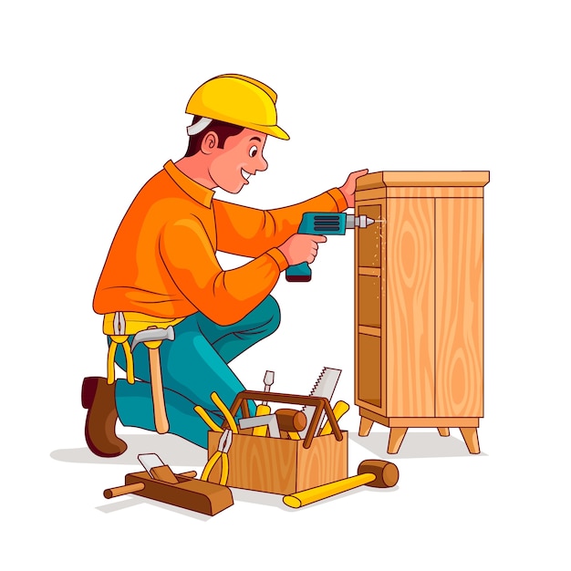 Vector hand drawn carpenter  cartoon illustration