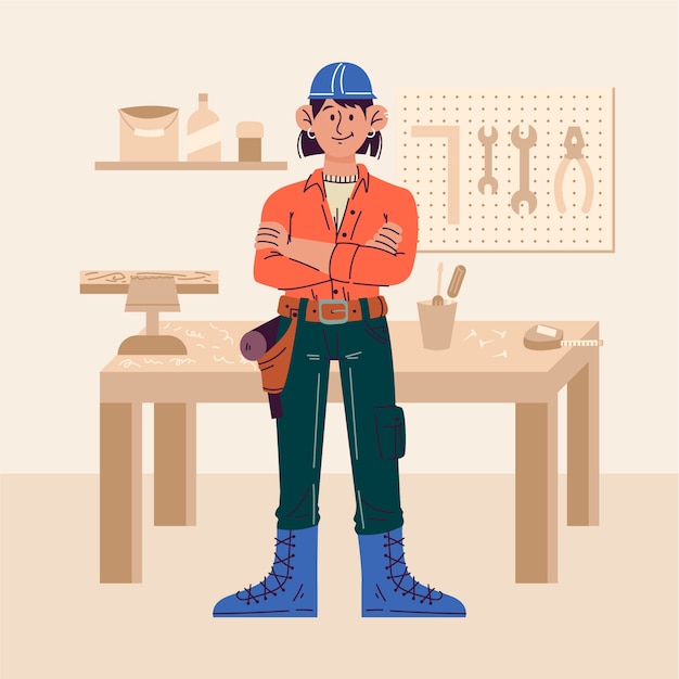 Vector hand drawn carpenter  cartoon illustration