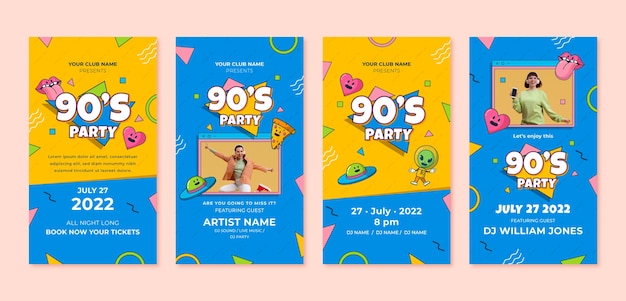 Hand drawn cartoon 90s party instagram stories collection