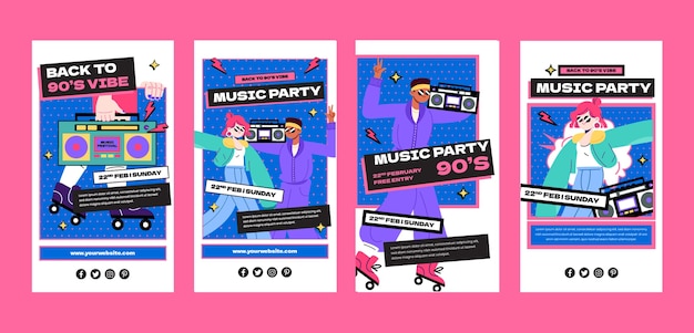 Vector hand drawn cartoon 90s party instagram stories collection