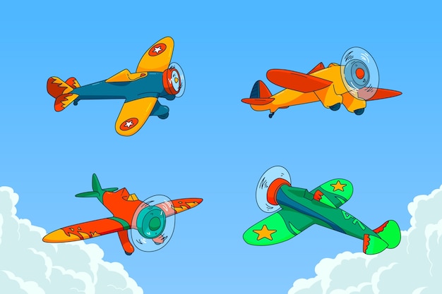 Vector hand drawn cartoon airplane collection illustration
