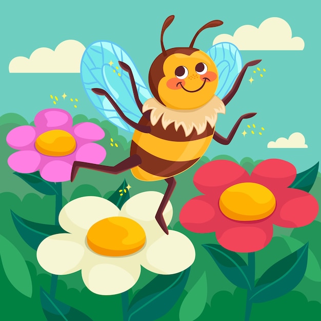 Нарисованная рукой иллюстрация пчелы шаржа