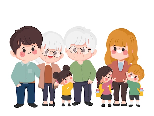 大家族の人々 の手描き漫画フラット漫画ベクトル キャラクター デザイン