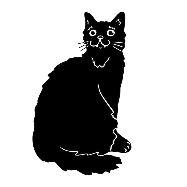 Hand drawn cartoon black cat. Simple and cute kitten silhouette, Halloween vector illustration.