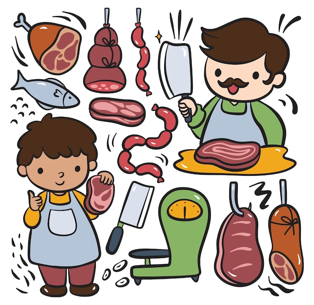 Hand drawn cartoon butcher and meat