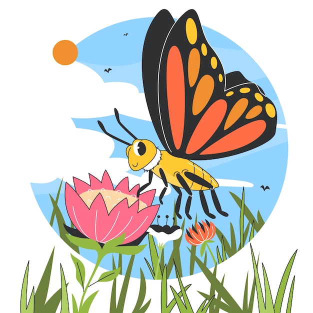 Вектор Нарисованная рукой иллюстрация бабочки шаржа
