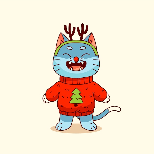 Vettore illustrazione disegnata a mano del gatto del fumetto per la celebrazione della stagione natalizia