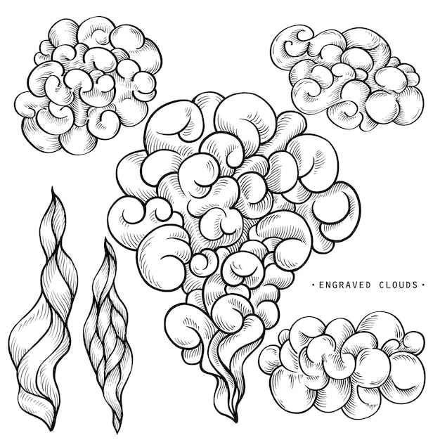 손으로 그린 만화 구름과 연기 개요 스케치 빈티지 벡터 조각 벡터 일러스트 레이 션