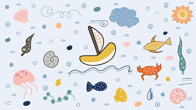 Hand drawn cartoon doodle sea set. Includes ship, sea animals and sea plants.