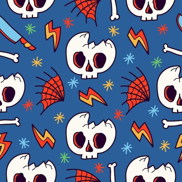 Hand drawn cartoon doodle skull seamless pattern design