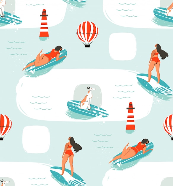 hand drawn  cartoon drawing summer time fun seamless pattern illustration with riding dogs and girls on surfboard  on blue background.
