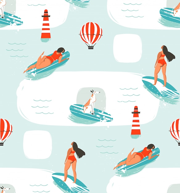 Hand drawn  cartoon drawing summer time fun seamless pattern illustration with riding dogs and girls on surfboard  on blue background.