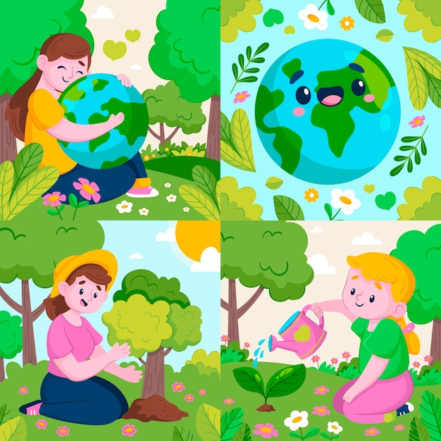 Vector hand drawn cartoon earth day composition set