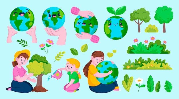 Vector hand drawn cartoon earth day set