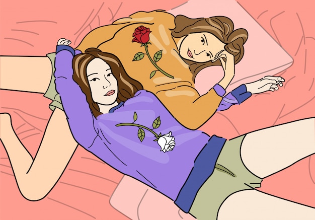 Vector hand drawn cartoon female friends lying on pastel background