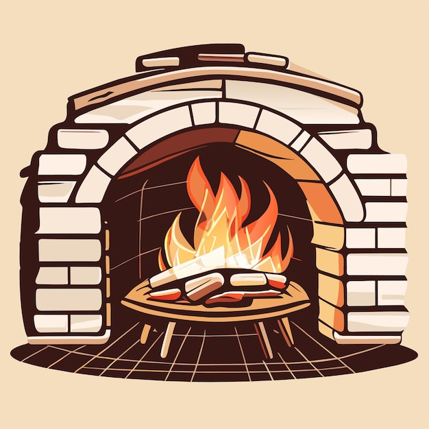 Вектор Ручная иллюстрация камина или красный кирпичный камин с горящим огнем