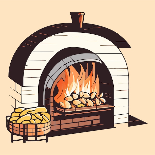 ベクトル 手描きの漫画の暖炉のイラストまたは燃える火の赤いレンガの暖炉
