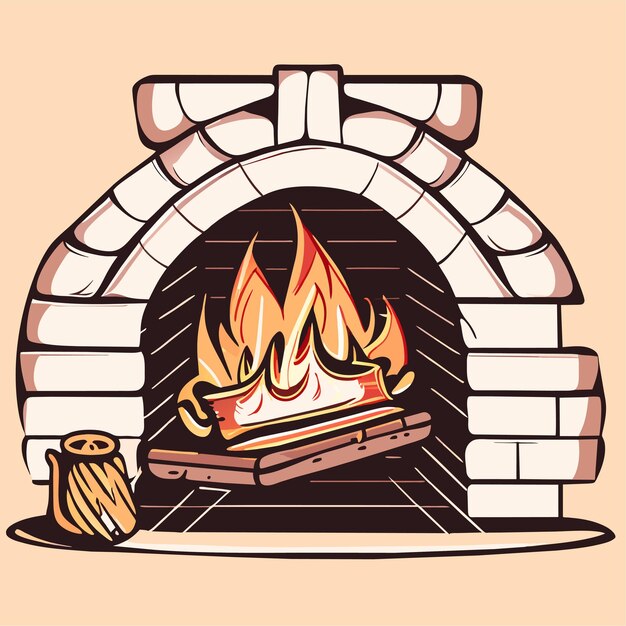 Vector hand drawn cartoon fireplace illustration or red brick fireplace with burning fire