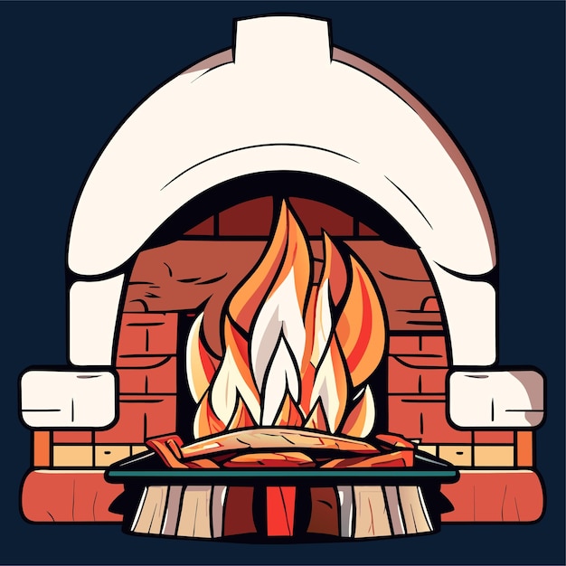 Vector hand drawn cartoon fireplace illustration or red brick fireplace with burning fire