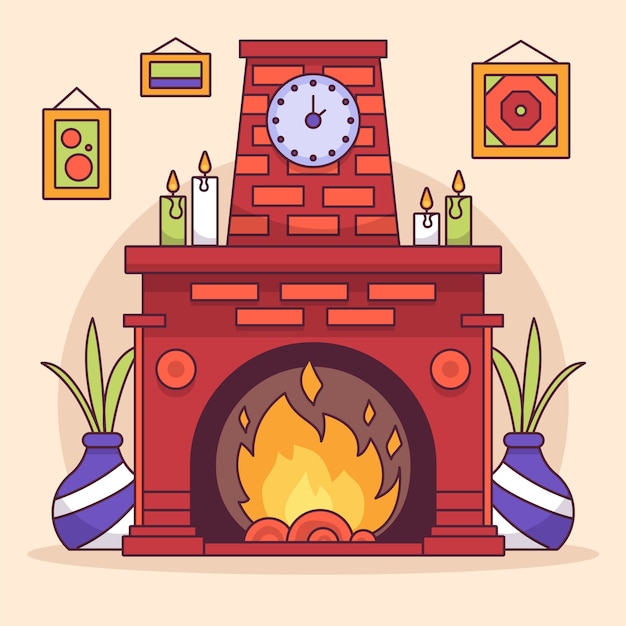 Hand drawn cartoon fireplace illustration