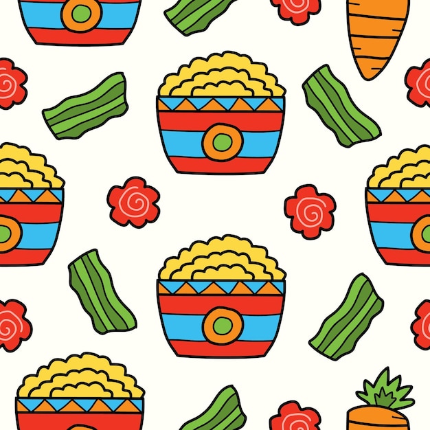 Hand drawn cartoon food doodle kawaii pattern