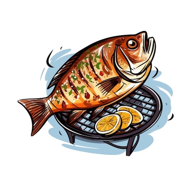 Vector hand drawn cartoon grilled fish illustration