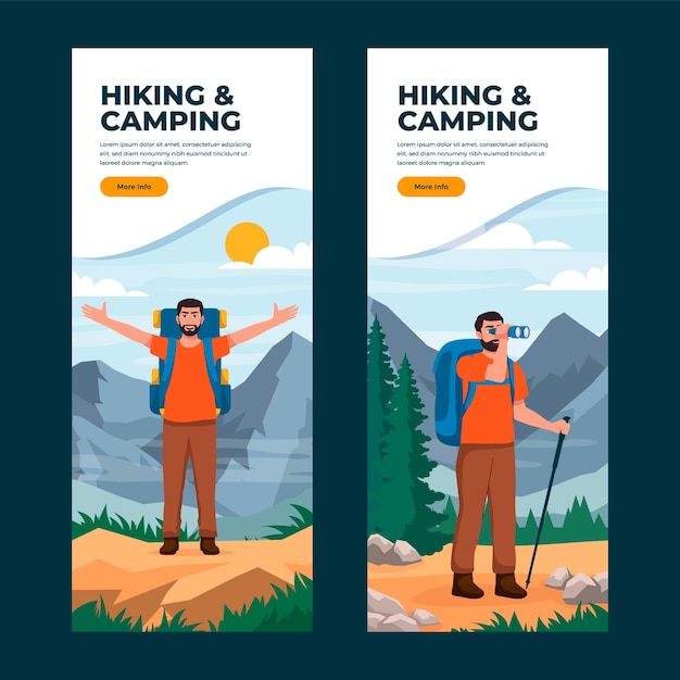 hand drawn cartoon hiking banner set