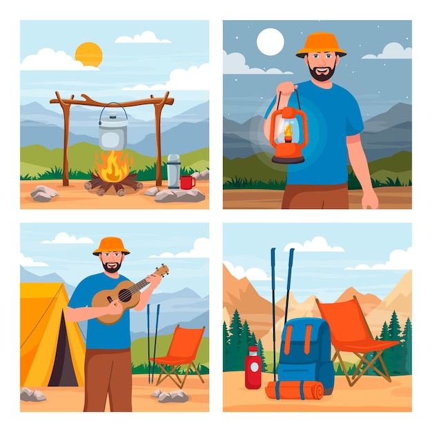 hand drawn cartoon hiking composition set