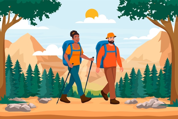 Vector hand drawn cartoon hiking composition