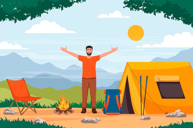 hand drawn cartoon hiking composition