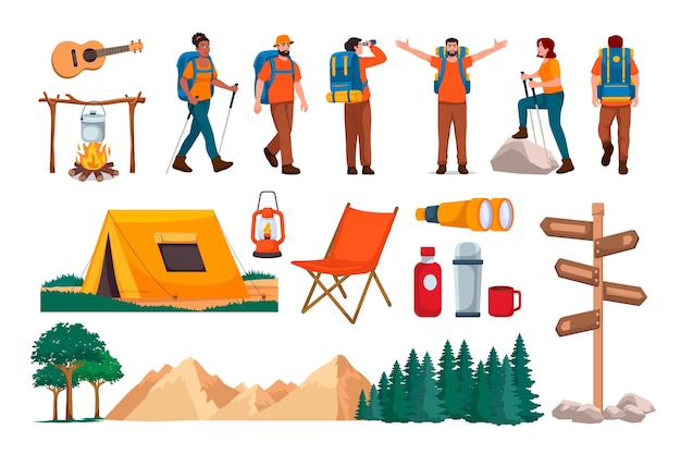 hand drawn cartoon hiking set