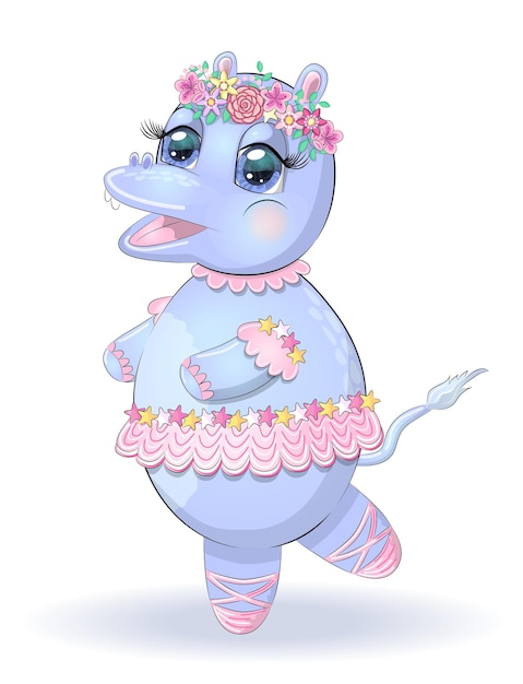 Hand drawn cartoon hippo dancing ballet in a tutu dancing animalsChildren's illustration