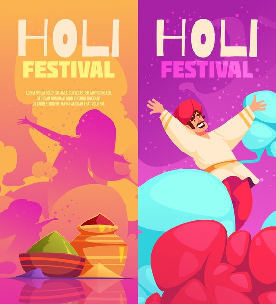 Hand drawn cartoon holi banner set