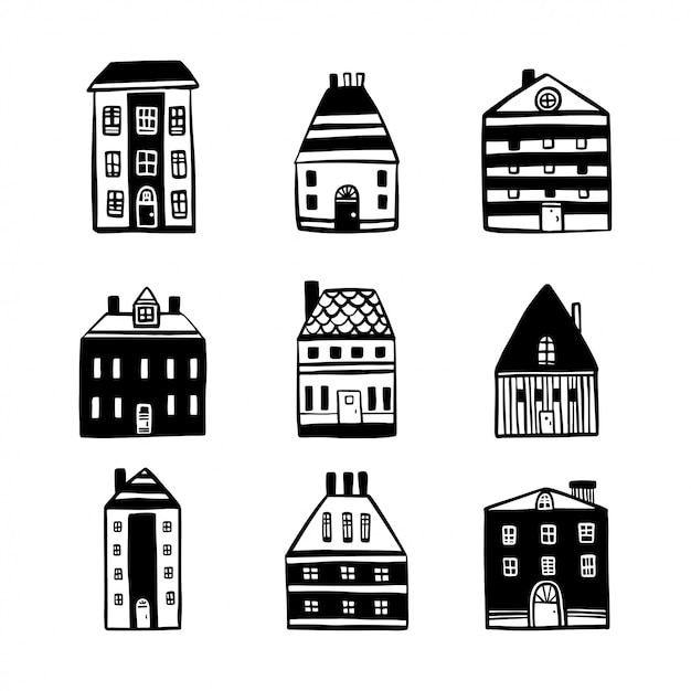 Vector hand drawn cartoon houses set.