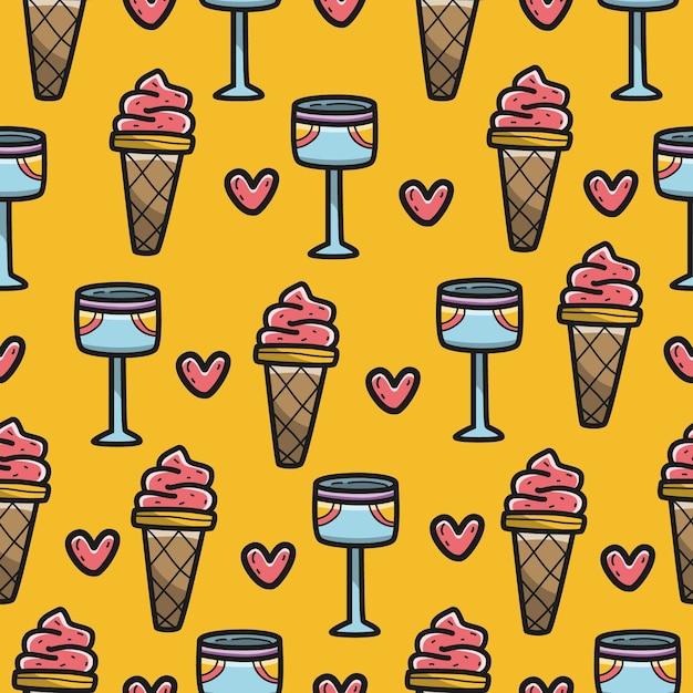 Hand drawn cartoon ice cream doodle pattern design