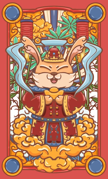 Hand drawn cartoon illustration design of the Chinese Lunar New Year of the rabbit