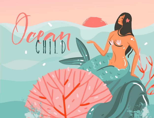 Illustrazione disegnata a mano del fumetto con la scena del tramonto sull'oceano, la ragazza della sirena di bellezza e la citazione di tipografia del bambino dell'oceano isolata