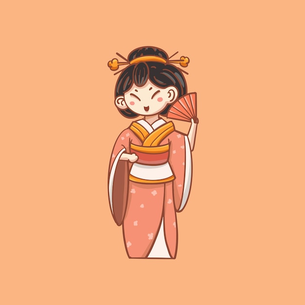 Hand drawn cartoon Japanese kimono girl illustration