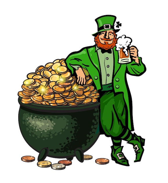 Hand drawn cartoon Leprechaun character holding beer mug leaning on pot full of gold coins