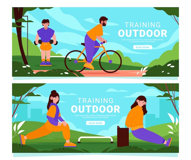 Hand drawn cartoon outdoor training banner set