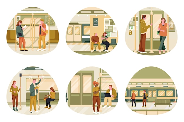 Hand drawn cartoon people on subway mini composition set