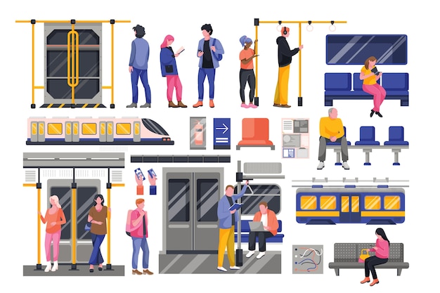 Vector hand drawn cartoon people on subway set