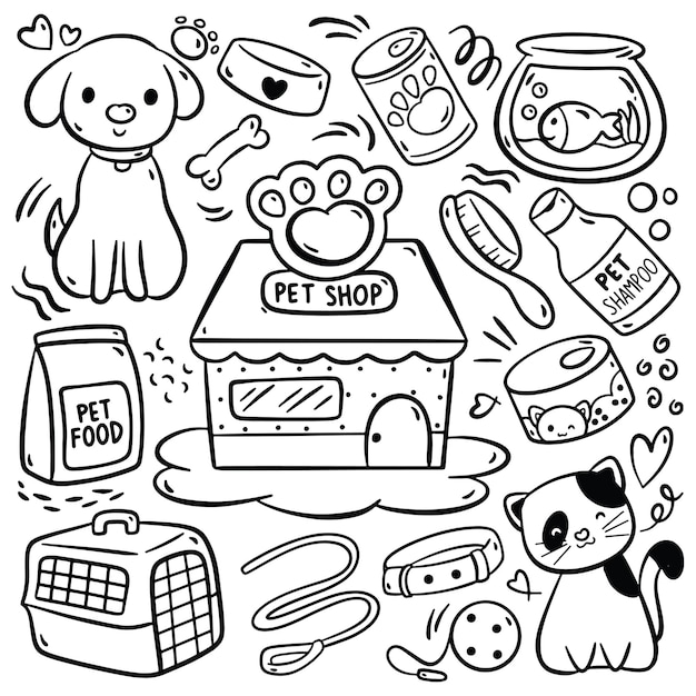 Illustrazione di vettore di doodle del negozio di animali del fumetto disegnato a mano