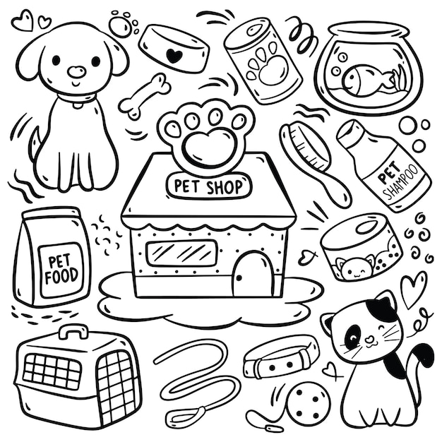 Hand Drawn Cartoon Pet Shop Doodle Vector Illustration