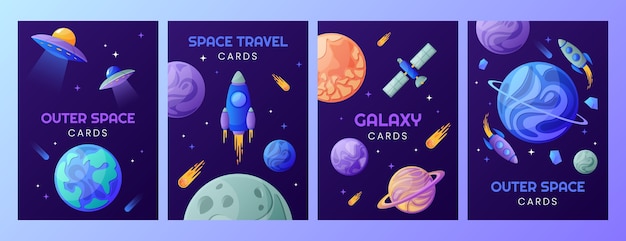 Hand drawn cartoon planets card set